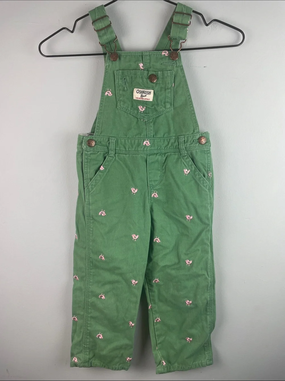 OshKosh B'gosh Green Overalls with Pink Embroidered Birds Size 3 toddler